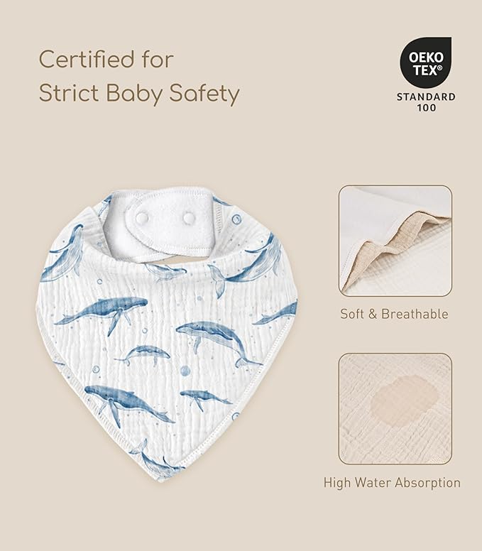 Muslin Baby Bibs 8 Pack, Baby Bandana Drool Bib for Drooling and Teething, Cotton Soft Absorbent for Girls Boys (Blue Ocean Whale)