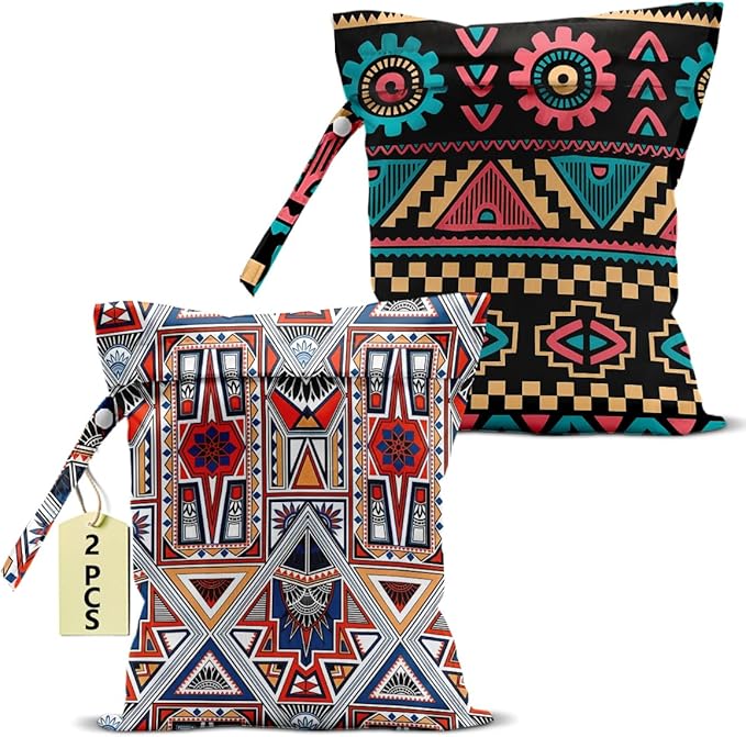 2Pcs Ethnic Print Wet Bags, Wet Dry Bag Reusable Zipper Pouch for Swimsuit, Diapers, Travel, Pool, Beach, Dirty Yoga Gym Clothes, Toiletries, Waterproof Birthday Christmas Gifts