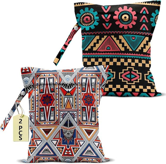 2Pcs Ethnic Print Wet Bags, Wet Dry Bag Reusable Zipper Pouch for Swimsuit, Diapers, Travel, Pool, Beach, Dirty Yoga Gym Clothes, Toiletries, Waterproof Birthday Christmas Gifts