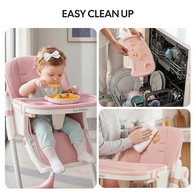 Sunchild 3-in-1 Baby High Chair with Wheels, 5-Point Harness, Tray, Footrest, and Backrest, Foldable and Adjustable for Toddlers 6-36 Months, Pink