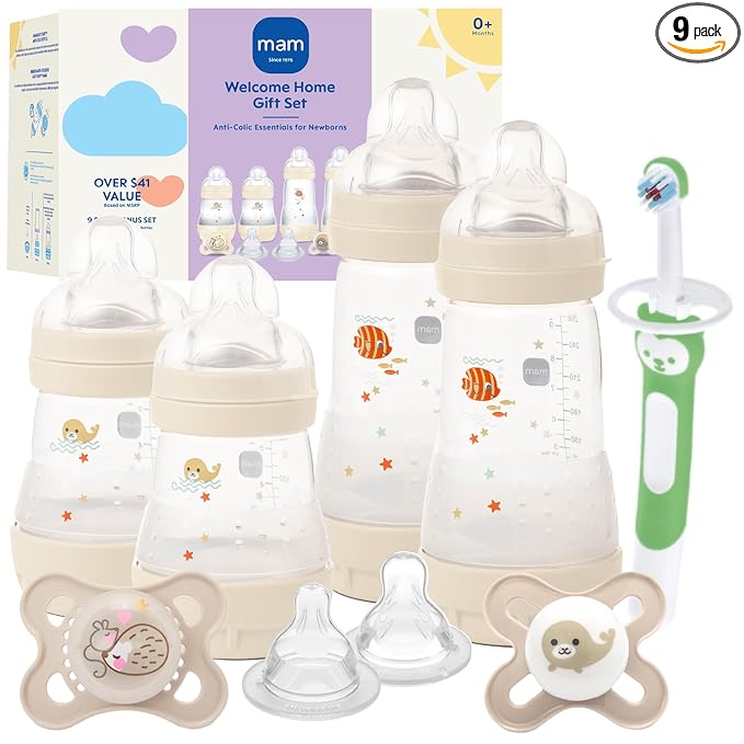 MAM Welcome Home Baby Gift Set – Easy Start Anti-Colic Bottles (2X 5oz, 2X 9oz) & 2 Pacifiers 0-6 Months, Extra Nipples, Training Toothbrush, Self-Sterilizing Complete Baby Feeding Set