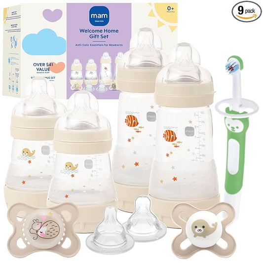 MAM Welcome Home Baby Gift Set – Easy Start Anti-Colic Bottles (2X 5oz, 2X 9oz) & 2 Pacifiers 0-6 Months, Extra Nipples, Training Toothbrush, Self-Sterilizing Complete Baby Feeding Set