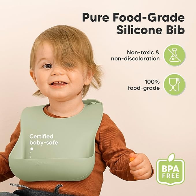 KeaBabies 2-Pack Silicone Bibs for Babies, Toddlers Girl, Boy – Sturdy Food-Grade Baby Bibs for Eating, Large Food Catcher, Clean & Put On Easily, Waterproof Toddler Feeding Essentials (Sage)