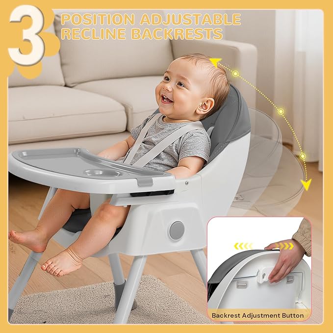 Ktaxon Baby High Chair, 6-in-1 Portable Feeding Rocking Seat with Adjustable Backrest, Removable Tray and 5-Point Safety Harness, Travel Folding Highchair for Toddlers & Babies, Grey