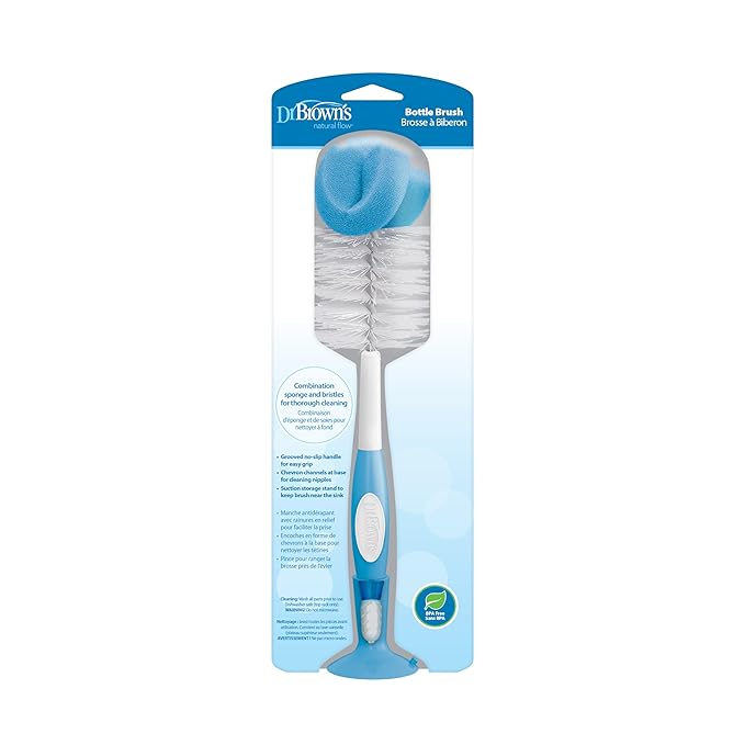 Dr. Brown’s Anti-Colic Options+ Baby Bottles, Narrow, 4 oz, 4pack & Reusable Sponge Baby Bottle Cleaning Brush with Suction Cup Stand, Scrubber and Nipple Cleaner, Blue 1-Pack