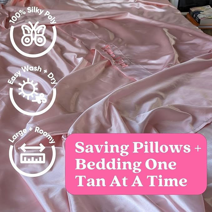 Tan Fan Self Tan Pillowcase - 100% Silky Soft Satin Pillow Case To Protect from Self Tanner Stains - Cooling Cover w Envelope Closure - Great For Hair and Skin - Fits Standard Size Pillows - Baby Pink