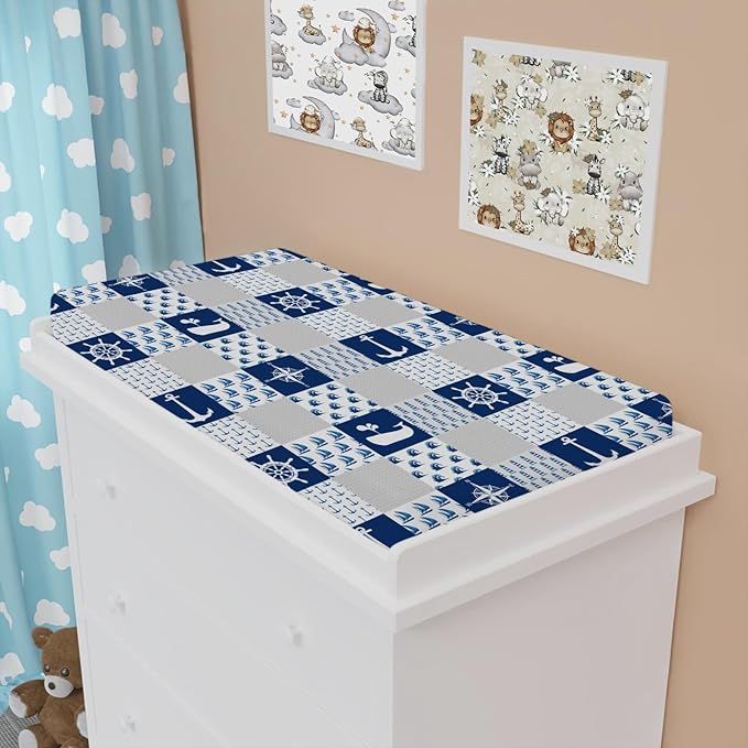 Navy Nautical Life Changing Pad Cover Marine Ocean Lighthouse Compass Whale Changing Table Cover for Baby Boys Girls Soft Breathable Stretchy Fitted Diaper Changing Mat Sheets 32''x16''