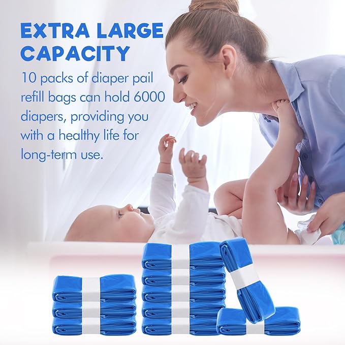 Diaper Pail Refill Bags,10 Pack for Diaper Genie Bags Refill Square, Compatible with Diaper Genie Select, Classic and Compact Pail, Premium Odor Locker and Sealer