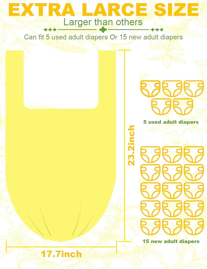 Large Adult Diaper Disposal Bags (23"x18") with Wall Mount Storage Box, 96 Pcs Thick Disposable Diaper Sacks, Odor Lock to Reduce Embarrassment,Incontinence Disposal Bags for Home & Travel Use,Yellow