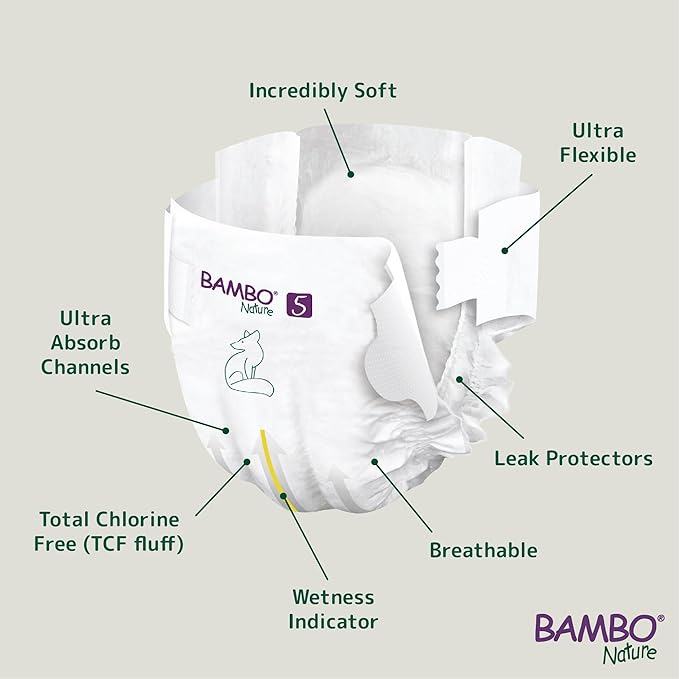 Bambo Nature Hypoallergenic Baby Diapers, Eco-Labeled Diapers, Enhanced Leakage Protection, Totally Chlorine-Free, Skin Friendly, and Super Absorbent - Size 5 (44 Count)