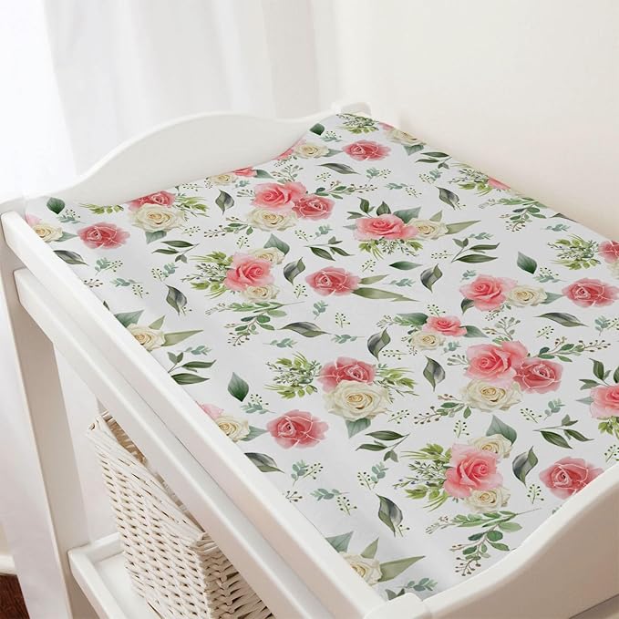Boho Floral Changing Pad Covers for Baby Boy Girl 32''x16'' Greenery Flowers Leaves Unisex Fitted Changing Table Sheets Wild Flowers Comfort Soft Breathable Nursery Cradle & Bassinet Sheets