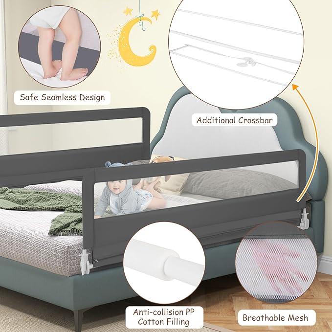 GLACER Foldable Bed Rail for Toddlers - 71" Bedrail w/Safety Straps, Child Lock & Removable Oxford Cover, Swing Down Baby Bed Rail Guard for Crib, Full, Twin, Double, Queen & King Bed (Grey, 1 Pack)