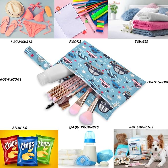 visesunny Funny Car with Stripe Blue 2Pcs Wet Bag with Zippered Pockets Washable Reusable Roomy for Travel,Beach,Pool,Daycare,Stroller,Diapers,Dirty Gym Clothes, Wet Swimsuits, Toiletries