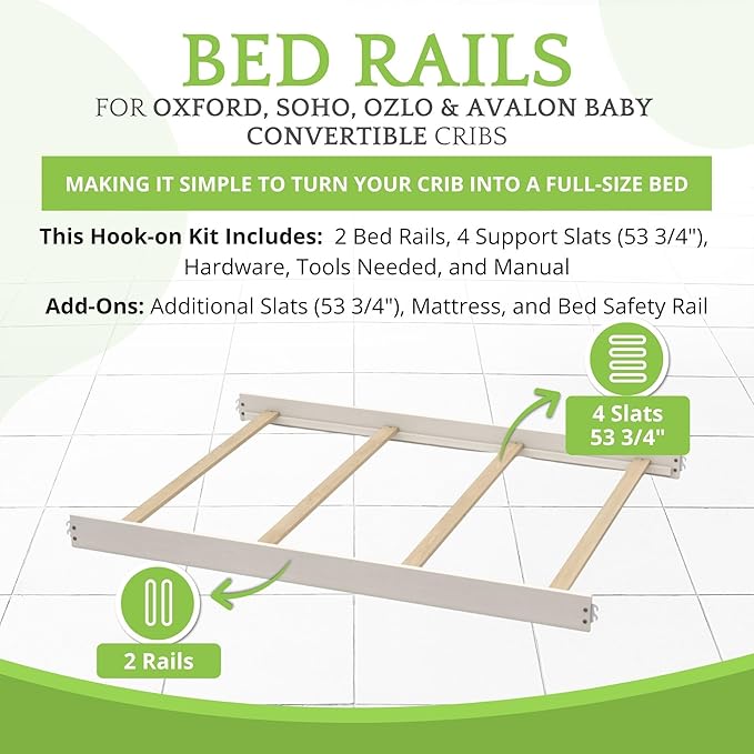 Full-Size Conversion Kit Bed Rails for Oxford, Soho, Ozlo & Avalon Baby Convertible Cribs - Solid Wood - Toddler & Adult Rail for Full-Size Bed - Nursery & Baby Furniture (Vintage White, Hook-On Kit)
