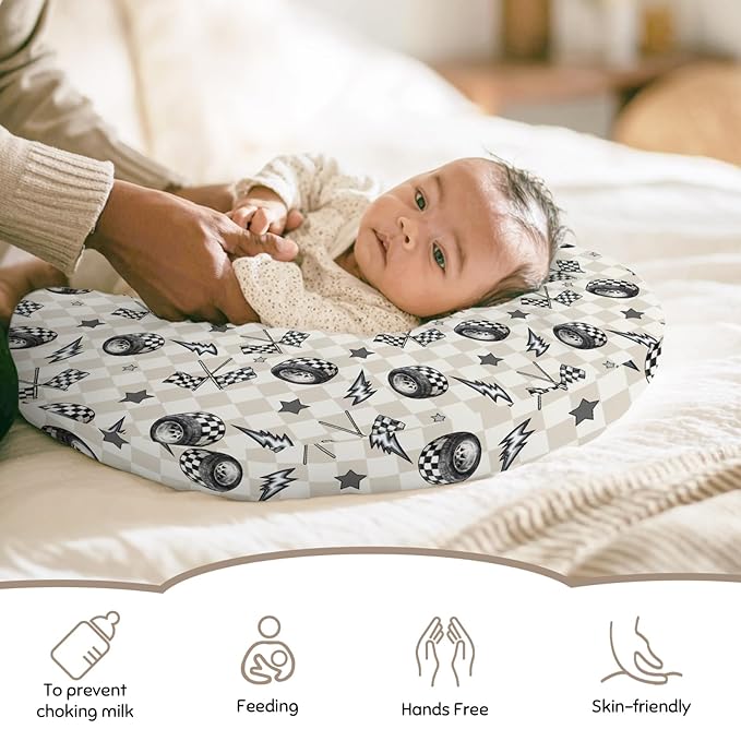 Cute Race Car Flag Black and White Plaid Nursing Pillow Cover Stretchy and Soft for Baby Girls Boys Tire Checkered Stars Vehicles Nursing Cover for Breastfeeding for Newborn Infant