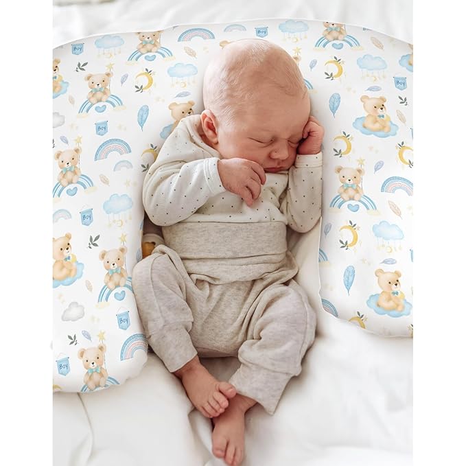 Watercolor Bear Rainbow Blue Baby Nursing Pillow Covers for Girl Boy Cute Bears Moon Stars Clouds Nursery Slipcovers for Breastfeeding Pillows Pastel Animal Soft Stretchy Cover for Newborn Infant