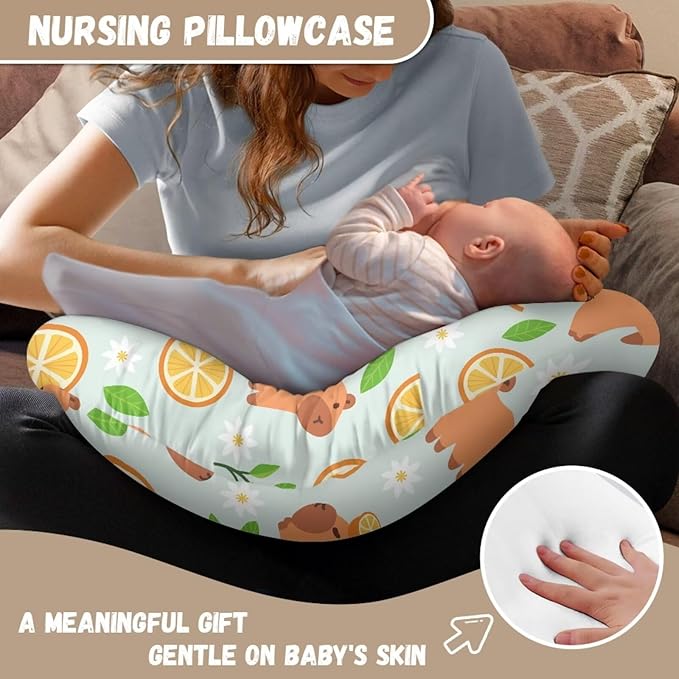 Jeiento Lemon and Capybara Nursing Pillow Covers Soft Slipcovers for Breastfeeding Pillows Comfortable Soft Feeding Pillow Slipcovers Fit Standard Infant Nursing Pillow