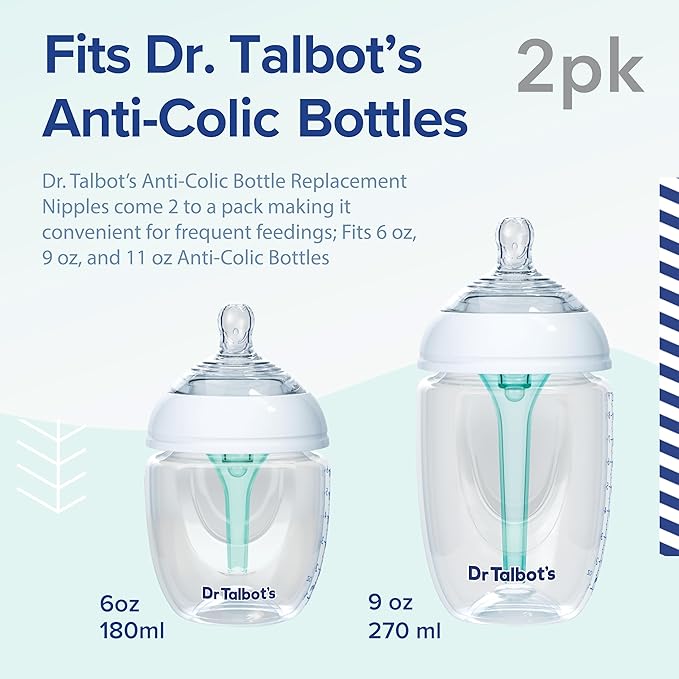 Dr. Talbot's Anti-Colic Bottle Replacement Nipples - Feeding Supplies for Newborn - (2-Pack) Slow Flow Soft Flex Nipples - 0+ Months