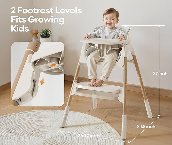 Mloong High Chair for Babies and Toddlers - Adjustable 4-in-1 Baby High Chairs with Dishwasher Tray, Easy Clean Highchair, Beige