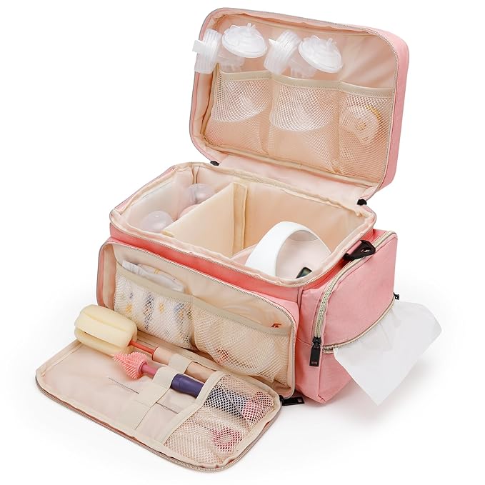 GDNasist Breast Pump Bag Fit for Spectra S1 and S2, Pumping Bags with Waterproof Mat for Pump Accessories, Portable Pump Carrying Case for Work, Travel and Family Use, Pink
