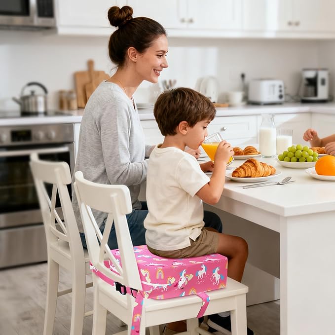 Toddler Booster Seat for Dining Table Kitchen Chair, Kids Booster Seat with Non-Slip Bottom and Adjustable Straps, 4" Detachable Washable Portable Travel Increasing Cushion (Pink Unicorn)