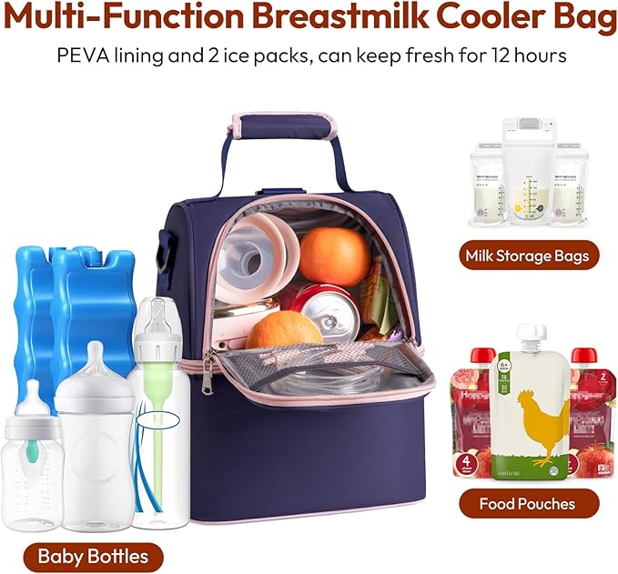 NCVI Breastmilk Cooler Bag with 2 Ice Pack, Breast Pump Bag with Cooler Fits 6 Bottles, Double Layer Breast Milk Baby Bottle Cooler Bag, for Travel, Nursing Mom Daycare, Work, Picnic (Purple)