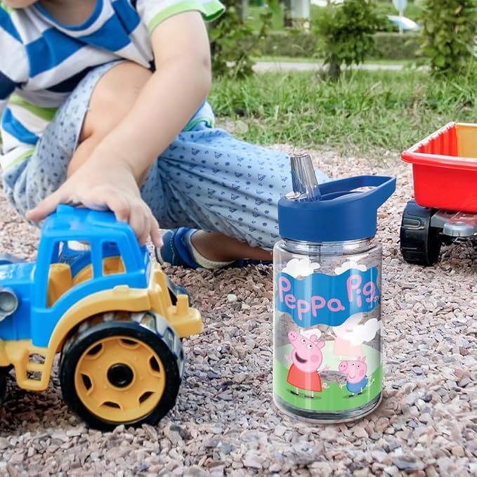 LOGOVISION Peppa Pig Kids Tritan Plastic Water Bottle with Straw Lid and Handle, Reusable Tumbler for Toddlers, Unisex for Girls and Boys, 12oz, Green Grass Scene