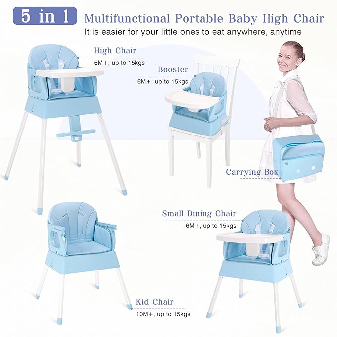 5 in 1 Foldable Baby High Chair,Convertible Highchair for Babies and Toddlers-Portable Infant Booster Seat,Carry Small Box,Dining Chair,Toddler High Chair with 5-Point Harness,Removable Tray-Blue