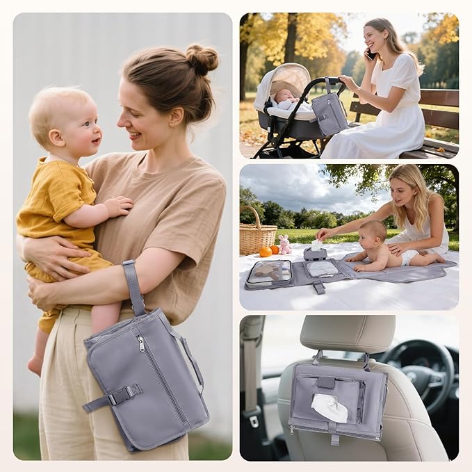 CEICEI Portable Diaper Changing Pad Waterproof Travel Baby Changing Mat with Large Wet/Dry Pocket & Elastic Wipes Pockets, Foldable Compact for On-The-Go Diaper Changer (Grey)