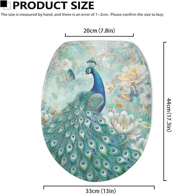 Peacock Toilet Lid Cover Soft Flannel Fabric Toilet Cover Elastic Edges Seat Covers Soft and Breathable Toilet Lid Covers for Bathroom Fits Most Toilet Lids