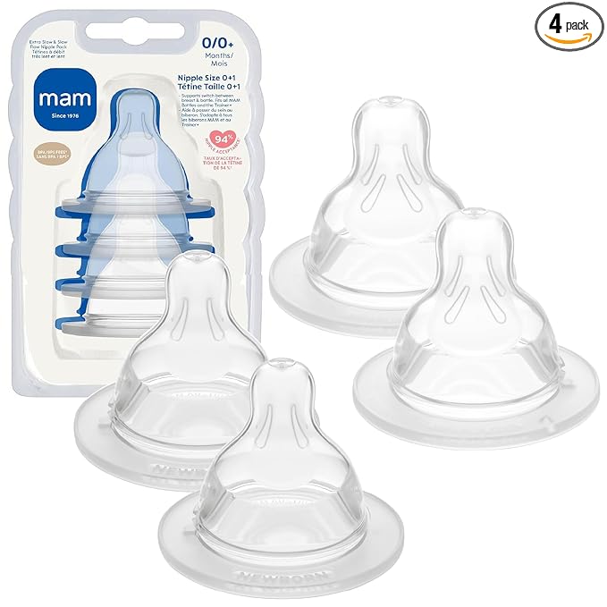 MAM Baby Bottle Nipple Mixed Flow Pack, Extra Slow Size 0 and Slow Flow Size 1 for Newborns 0+ Months, Skin Soft BPA Free Silicone, 94% Nipple Acceptance, Fits All MAM Bottles, 4 Pack, Made in Europe