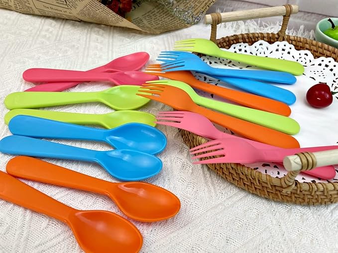 Jawbush 16 Pcs Kids Plastic Spoons, Reusable Toddler Utensils Kids Silverware Set with Bright Colors, Ideal for Travel School Lunch Box or Camping, BPA Free Kids Utensils Also for Adults