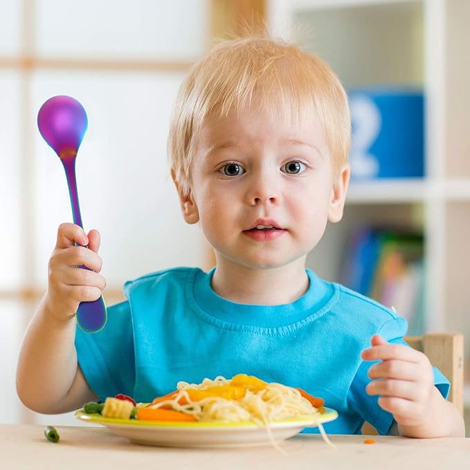 Boao 6 Pieces Kids Rainbow Spoons Stainless Steel Rainbow Toddler Cutlery Silverware Utensil Kids Child Safe Flatware for Home and Preschools