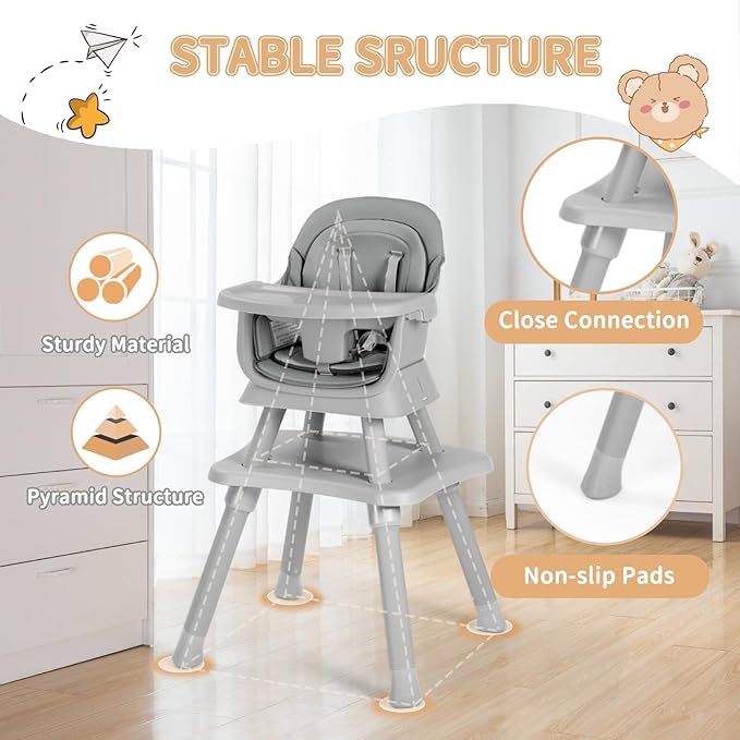 Kinder King Baby High Chair, 8 in 1 Coverts to Dining Booster Seat/Kids Table & Chair Set/Toddler Building Block Table/Kids Stool, Removable Tray & Double Seat Cover, Easy to Wipe, Grey