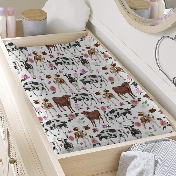 Cows Boho Retro Floral Changing Pad Covers Watercolor Farm Cow Flowers Diaper Change Table Sheets for Boys Girls Soft Stretch Changing Table Mats Sheets 32''x16''