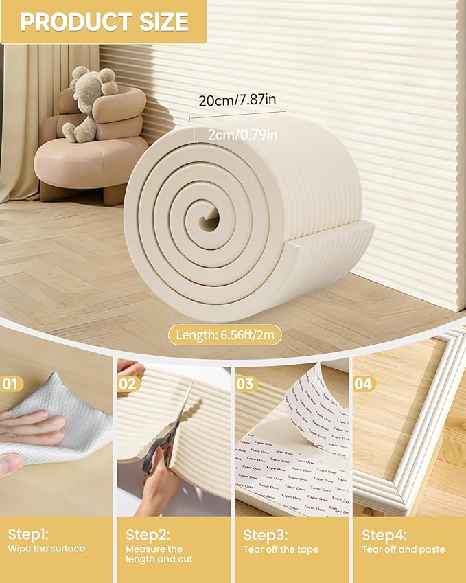7.9''W Extra-Wide Edge Protector, 6.56FT 0.79''Th Baby Proofing Corner Guards, Safety Furniture Bumper, Pre-Taped, Thick Soft Rubber Foam Padding for Fireplace Table Stair Cabinet (Beige)