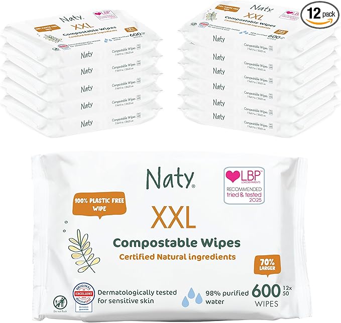 Naty Baby Wipes XXL | 98% Water, Hypoallergenic & Natural for Sensitive Skin | Unscented, Plant-Based, Fragrance-Free | Plastic-Free & Compostable | Newborn & Toddler Wipes | 600 Count (12 Packs)