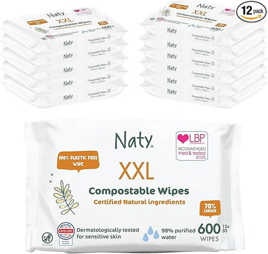 Naty Baby Wipes XXL | 98% Water, Hypoallergenic & Natural for Sensitive Skin | Unscented, Plant-Based, Fragrance-Free | Plastic-Free & Compostable | Newborn & Toddler Wipes | 600 Count (12 Packs)