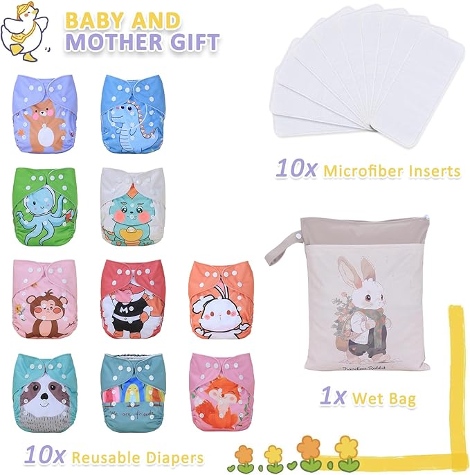 TDIAPERS Cloth Diaper Covers Reusable Washable Pocket Diapers One Size Adjustable for Baby 10 Pack with 10 Pcs Microfiber Inserts, 1 Wet Bag