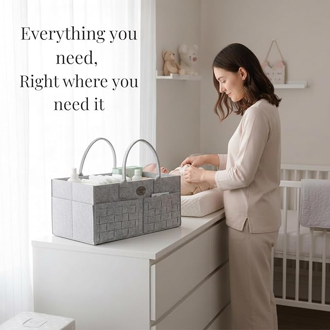 Baby Diaper Caddy Organizer for Nursery – Large Felt Storage Basket for Baby Essentials, Wipes & Diapers – Portable Nursery Organizer Bin for Changing Table or Living Room Light Grey