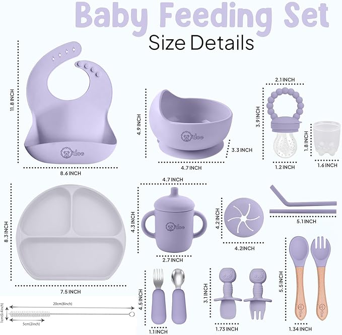 O'doe 17-Piece BPA-Free Silicone Baby Feeding Set | Thick & Soft Suction Plates, Baby Bowls, Wooden Fork & Spoon, and More | Make Mealtime Fun and Easy for Your Little One (Purple, V2)