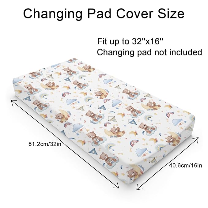 Cartoon Cute Bear Boy Changing Pad Covers Blue Bear Rainbow Moon Stars Clouds Leaf Baby Change Table Sheets Cover for Boys Girls Soft Stretchy Diaper Changing Table Mats 32''x16''
