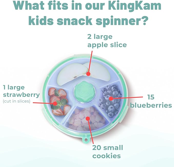 KingKam Kids Snack Spinner Containers, Reusable Toddler Spin Snack Container Box with 4 Compartments & Lid, BPA Free Food Grade Silicone Tray Dishwasher Safe, Travel Snacking Accessories (Blue/Green)