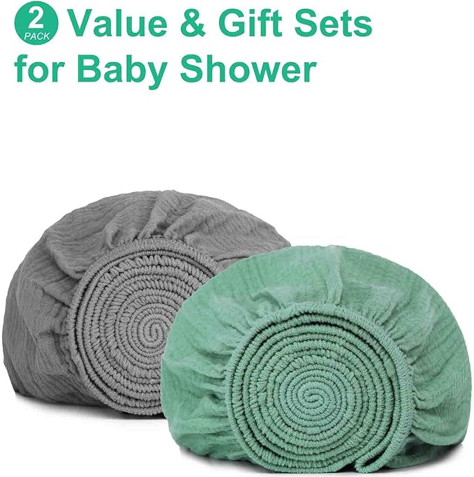 2 Pack Green & Grey Muslin Cotton Crib Sheets for Girls & Boys-Neutral Breathable Crib Mattress Protector Fitted for Standard 28"x 52" -Nursery Décor No Slip Bed Cover