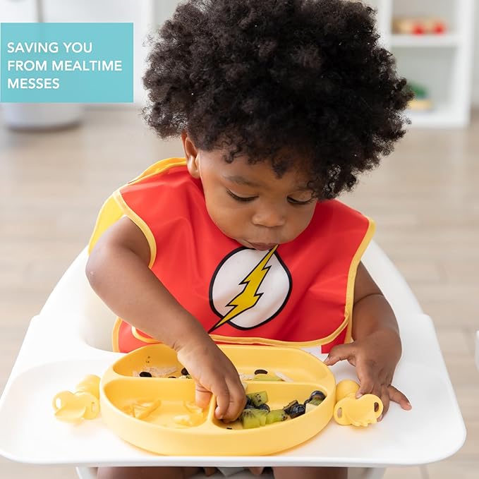 Bumkins Bib for Girl or Boy, Baby and Toddler for 6-24 Months, Essential Must Have for Eating, Feeding, Baby Led Weaning, Mess Saving Waterproof Soft Fabric, SuperBib with Cape, The Flash DC Comics