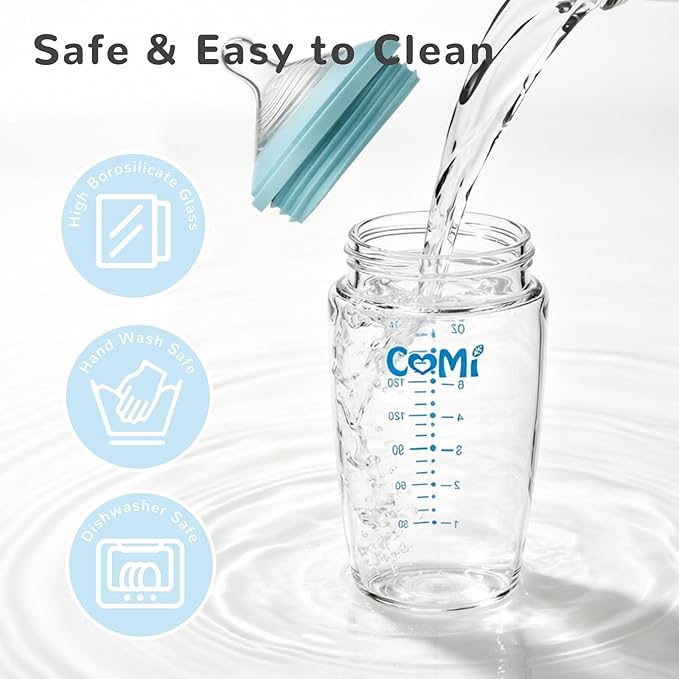 COMI Glass Baby Bottle, Includes Insulated Stainless Steel Sleeve, Newborn Anti-Colic Baby Bottle with Slow Flow Nipple, Leak Proof Insulated, Plastic-Free, BPA-Free, 0-3 Months, 8 oz