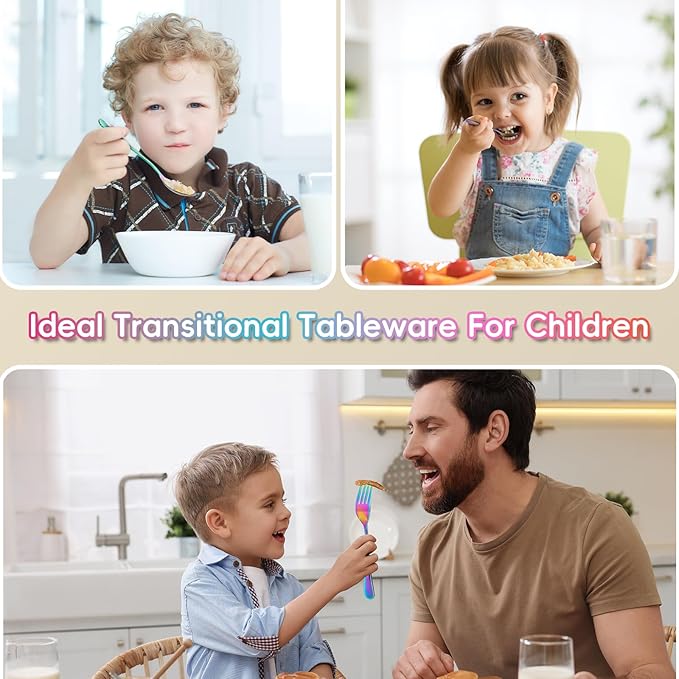 12 Pieces Stainless Steel Rainbow Toddler Utensils Set - Food Grade Kids Silverware Set Children Safe Small Forks and Spoons Mirror Polished Sturdy and Durable Dishwasher Safe