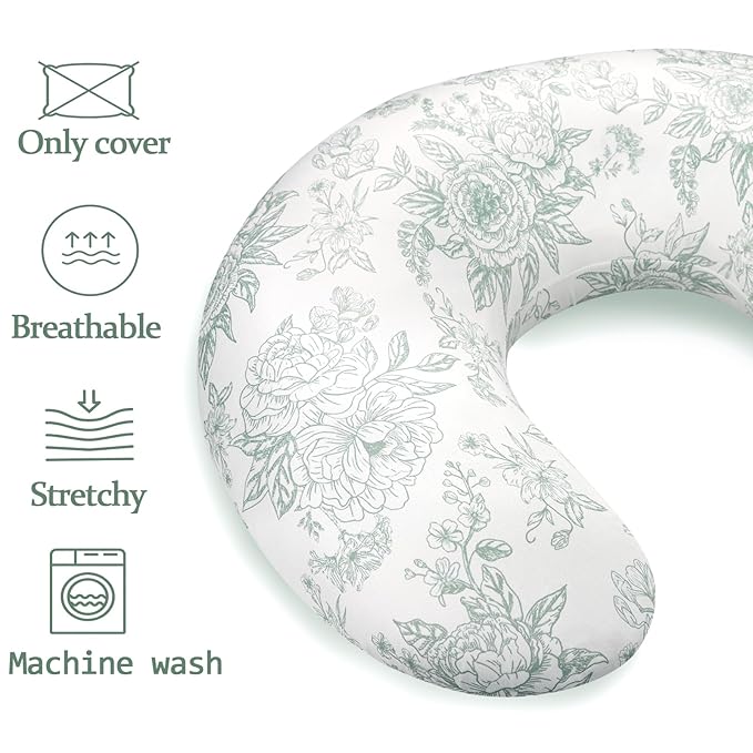 Nursing Pillow Cover, Removable Nursing Covers for Breastfeeding Pillows, Stretchy and Soft Fit for Baby Girls Boys Newborn, Green Flower (Only Cover)