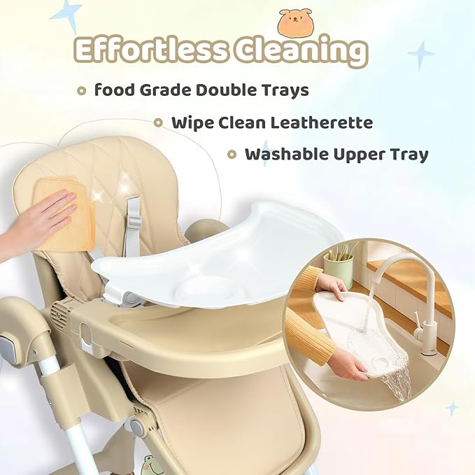 JOYMOR 4 in 1 Folding Baby High Chair for Babies to Toddlers, Infant Eating Foldable Highchair w/Leather Seat Cushion, 4-Position Removeable & Adjustable Tray, 5-Point Harness (Beige)