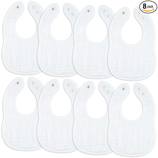 Comfy Cubs Muslin Bibs for Babies, Pack of 8 - Soft and Highly Absorbent, Feeding, Drool and Teething Bib, Adjustable Snaps - Stylish & Colorful Unisex Designs, Giftable Set - White